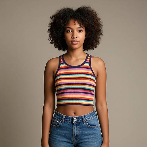Photograph of a young Black woman with curly hair, wearing a colorful striped tank top and blue jeans, standing against a plain gray background.