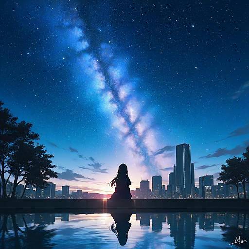 Silhouette Girl Under Milky Way Cityscape