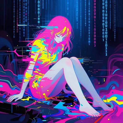 Digital anime artwork of a glowing, neon-pink-haired girl sitting on a dark, cybernetic background with binary code and colorful lights.