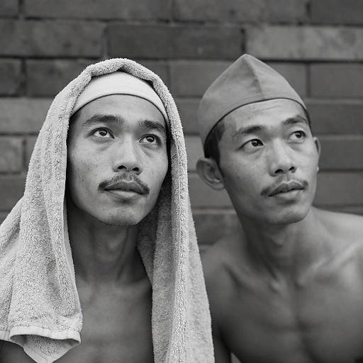Black and White Portrait of Two Asian Men with Head Coverings