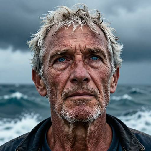 Photograph of an elderly man with weathered, sunburned face, blue eyes, white tousled hair, and gray beard, standing by a