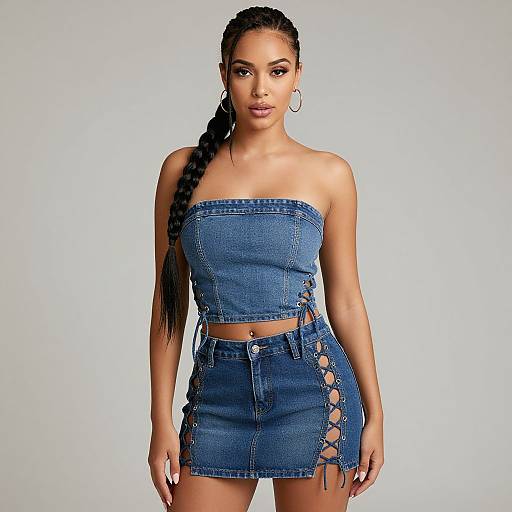 Photograph of a young woman with long braided hair, wearing a strapless blue denim crop top and high-waisted skirt with lace-up sides