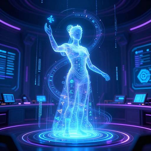 Neon blue holographic female figure levitating, arm raised, glowing cybernetic dress, futuristic control room with glowing screens and purple accents.