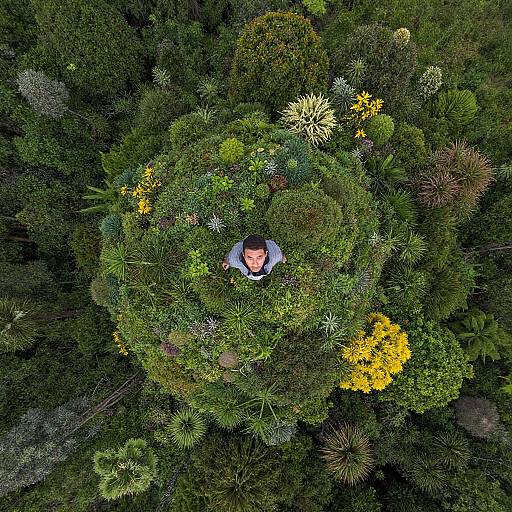 Aerial photograph of a man with short black hair, wearing a white shirt, surrounded by dense, colorful forest foliage from above.