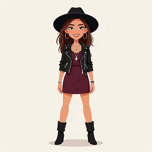 Digital illustration of a smiling young woman with long brown hair, wearing a black hat, jacket, purple dress, and black boots.