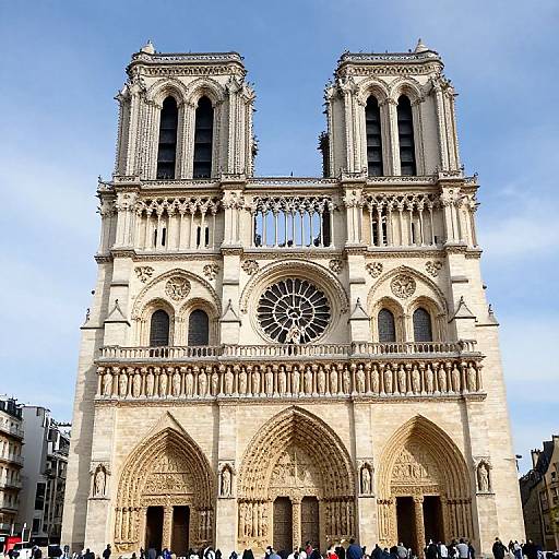 Photograph of the Notre-Dame Cathedral in Paris, featuring its iconic twin towers, intricate Gothic architecture, large rose window, and three arched entrances