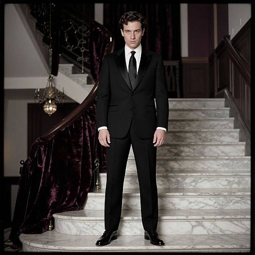 Photograph of a serious, young Caucasian man in a black suit, white shirt, and black tie, standing on marble stairs in a luxurious, dim