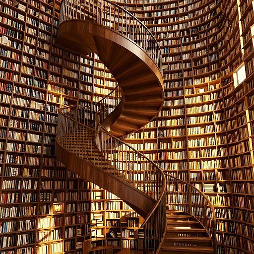 Photograph of a spiral metal staircase winding through a towering, circular, illuminated bookshelf filled with numerous books. Warm yellow lighting.