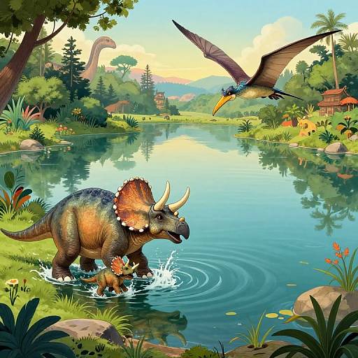 Colorful digital illustration of a dinosaur with orange frill and horns wading in a calm pond, with a flying bird overhead, surrounded by lush green