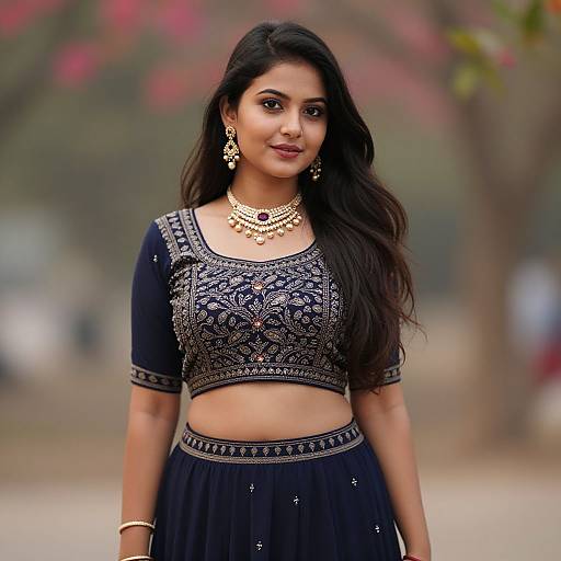 Photograph of a beautiful Indian woman with long dark hair, wearing a navy blue embroidered crop top and skirt, gold jewelry, standing outdoors with blurred pink