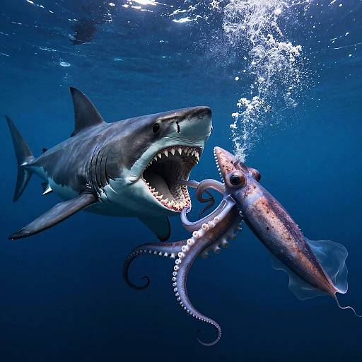 Photograph of a great white shark with open mouth attacking a squid underwater in deep blue ocean, bubbles rising from the squid.