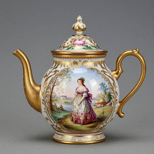 Ornate porcelain teapot with gold accents, featuring a detailed painting of a woman in a purple dress on a landscape scene.