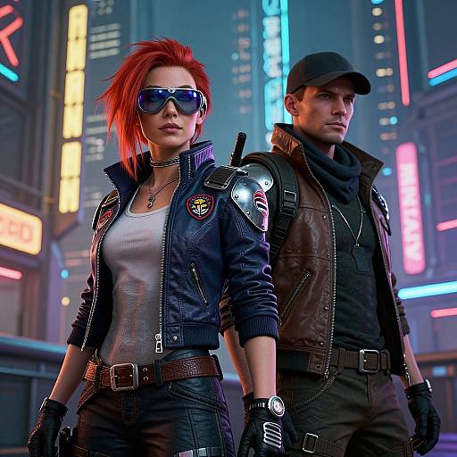 Digital artwork of a red-haired woman in a leather jacket and sunglasses, and a man in a cap and leather jacket, standing in a neon-lit