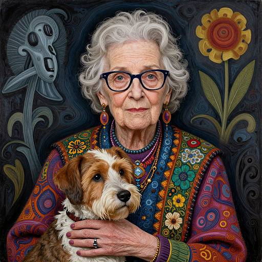 Intricate Elderly Woman Portrait with Dog
