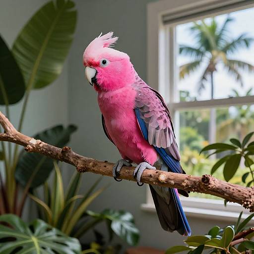 Neon-Pink Parrot in Tropical Room