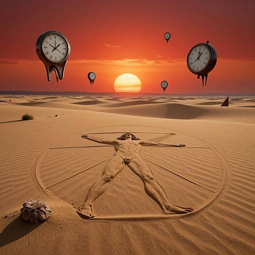 Photograph of a nude person in a sand mandala, surrounded by floating clocks and balloons, under a vibrant red-orange sunset in a desert.