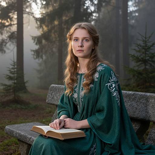 Photograph of a young woman with wavy brown hair, wearing a green embroidered dress, sitting on a stone bench in a misty forest, reading
