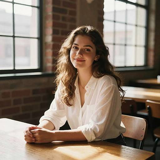 Photograph of a young woman with long brown hair, wearing a white blouse, smiling softly at the camera in a sunlit, brick-walled classroom