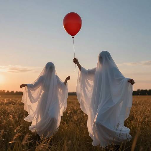 Photograph of two ghost-like figures in white, flowing robes holding one red balloon in a golden field at sunset.