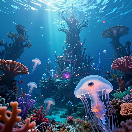 Photograph of a vibrant underwater scene with glowing jellyfish, colorful corals, and a luminous, intricate sea creature structure bathed in sunlight.