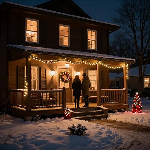 Cozy Wooden House with Christmas Decorations at Night