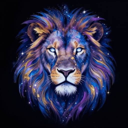 Digital art of a majestic lion with a vibrant, celestial mane featuring blue, purple, and gold hues, and sparkling stars against a black background.