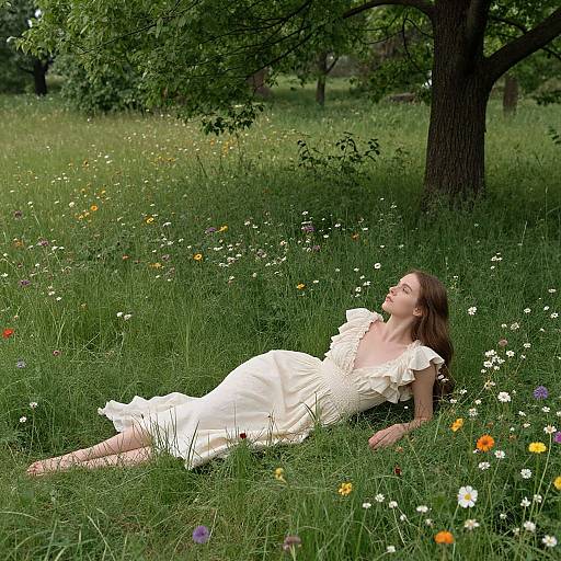 Photograph of a young woman with long brown hair, wearing a white dress, lying in a lush, flower-filled meadow, leaning against a tree