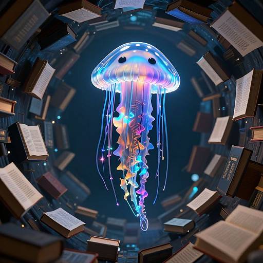 Digital artwork of a glowing, multicolored jellyfish with star-like patterns, floating amidst floating musical sheets in a dark, circular space.