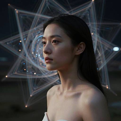 Photograph of a young Asian woman with long black hair, bare shoulders, and a contemplative expression, against a dark background with a glowing, star