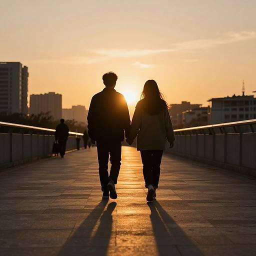 Silhouetted couple holding hands walks on a bridge during a golden sunset, cityscape in the background, warm orange sky. Photograph.