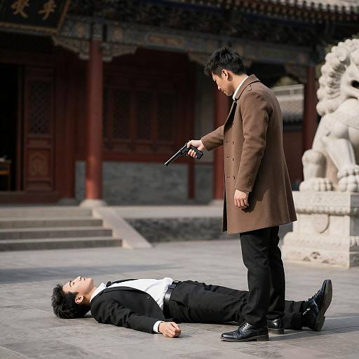 Man with Gun Pointing at Fallen Man in Temple Courtyard