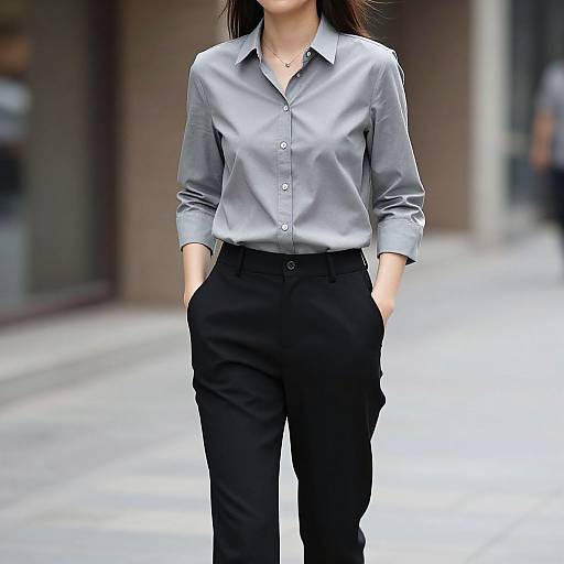 Female Model Walking in Grey and Black Outfit