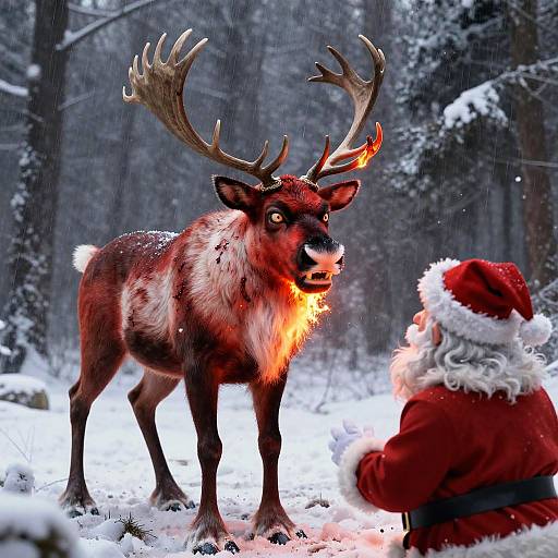 Photograph of a reindeer with glowing antlers standing in a snowy forest, facing Santa Claus in a red suit. Snowflakes fall, and