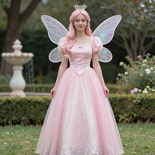 Photograph of a young woman with pink hair, wearing a pink ball gown, fairy wings, and a tiara, standing in a lush garden.