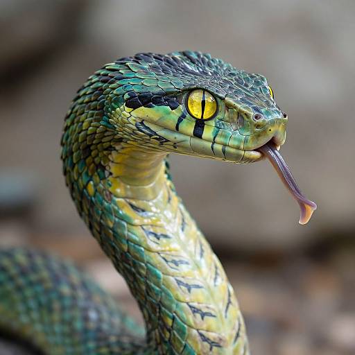 Close-up photograph of a green and yellow snake with vivid yellow eyes and forked tongue, detailed scales, and a blurred natural background.