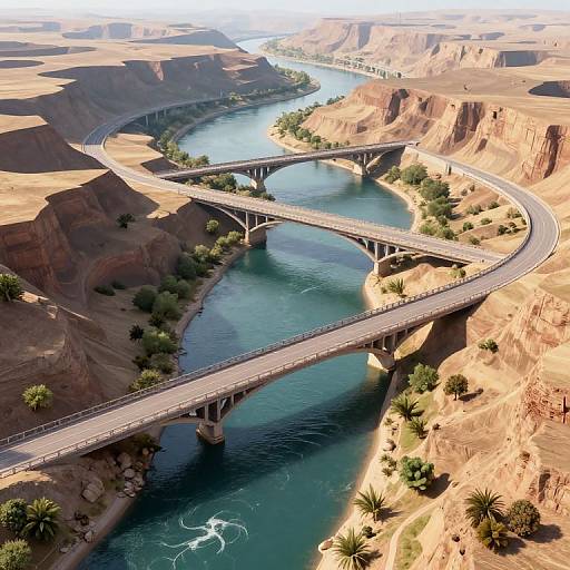 Aerial photograph of a curved highway bridge crossing a winding river through arid, rocky canyon landscape with scattered palm trees.