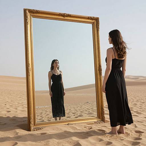 Photograph: Woman with long brown hair in black dress stands barefoot in desert, facing ornate gold-framed mirror reflecting her image.
