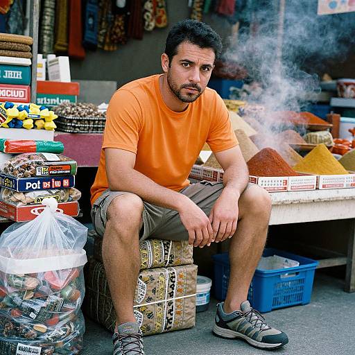 Photograph of a bearded man in an orange t-shirt and gray shorts, sitting on spice sacks in a bustling spice market, surrounded by bags,