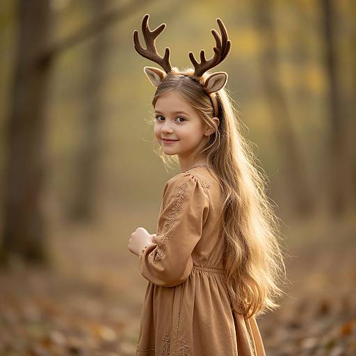 Photograph of a young girl with long brown hair, wearing deer antler headband and brown dress, smiling in a sunlit autumn forest.
