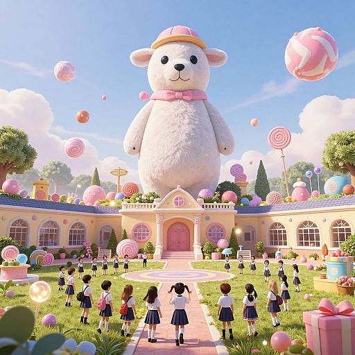 Digital artwork of a giant white bear wearing a pink hat and bow, standing in a whimsical, candy-filled schoolyard with floating lollipops