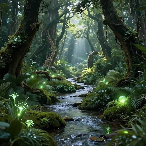 Digital artwork of a mystical forest with glowing green fireflies, lush ferns, and a flowing stream under sunlight filtering through trees.