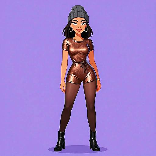 Digital illustration of a confident woman with medium skin tone, wearing a gray beanie, shimmering brown jumpsuit, black tights, and black boots