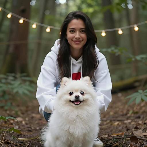 Woman with Pomeranian Dog in Forest