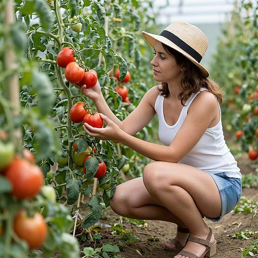 Woman Harvesting Tomatoes in Garden