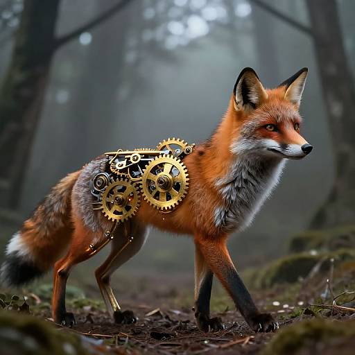 Ancient Clockwork Fox in Misty Forest