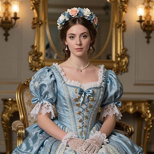 Photograph of a young woman with fair skin and dark hair, wearing a blue, lace-trimmed, 18th-century style dress, pearl