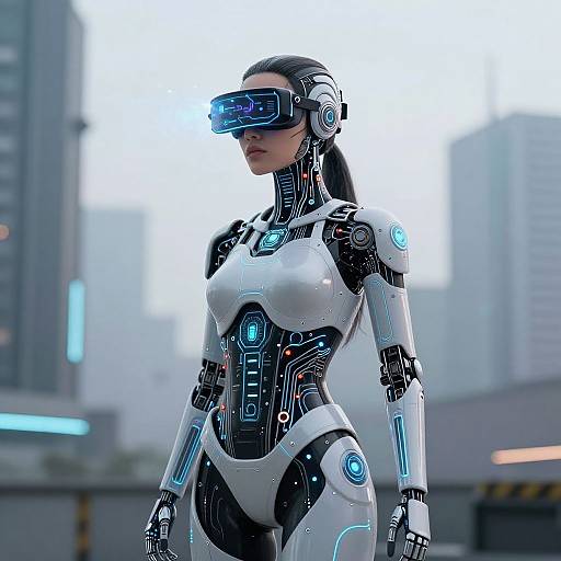 Photorealistic CGI of a sleek, futuristic female cyborg with white and black armor, blue glowing accents, and a high-tech visor, standing