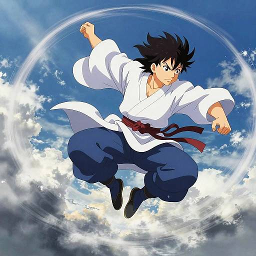 Anime-style digital drawing of a black-haired martial artist in white gi and blue pants, mid-air, performing a circular kick against a blue sky with clouds