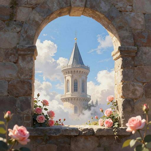 Photograph of a stone archway framing a medieval-style, blue-tinted tower with a pointed roof, surrounded by pink roses and clear blue sky