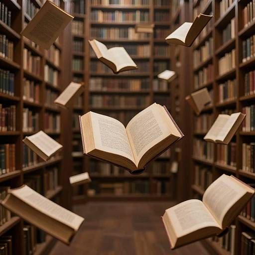 Photograph of open books floating in a library aisle, surrounded by tall wooden bookshelves filled with books. Warm, ambient lighting.
